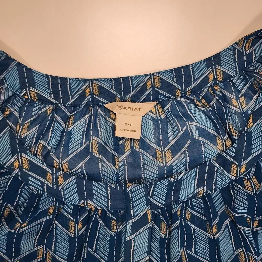 Ariat Blue Geometric Boho Peasant‎ Blouse Long Sleeve Small